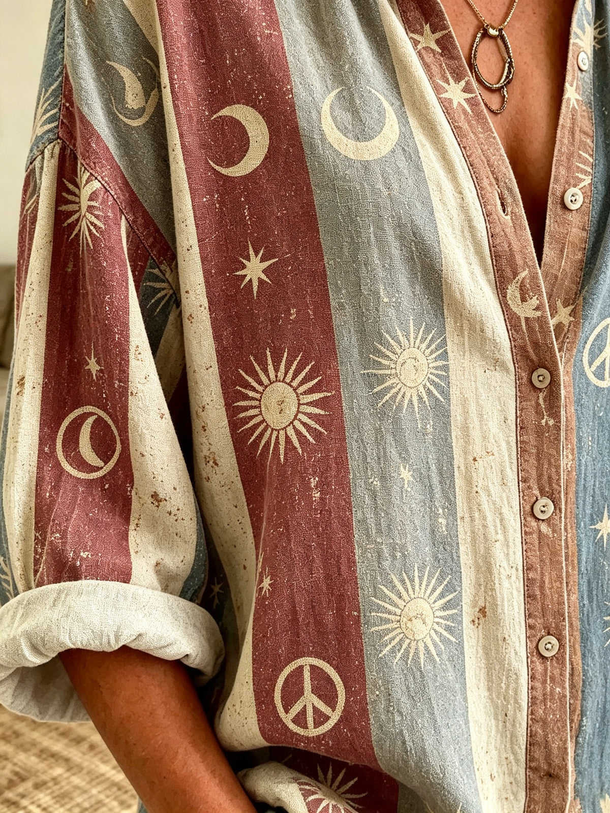 Women's Celestial Peace Stripe Print Button-Down Shirt