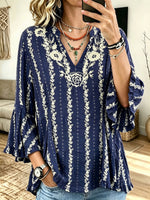 Women Boho Floral Print V‑Neck Ruffle Bell 3/4 Sleeve Blouse