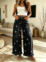 Women Solid Daisy Print Ruffle Wide Leg Denim Pants