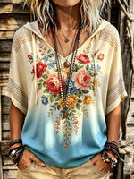 Women's Vintage Floral Print Short Sleeve Hoodie