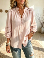 Women's Hollow Eyelet Texture Stand Collar 3/4 Puff Sleeve Blouse