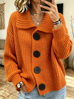 Women Lapel Collar Big Button Chunky Knit Cardigan
