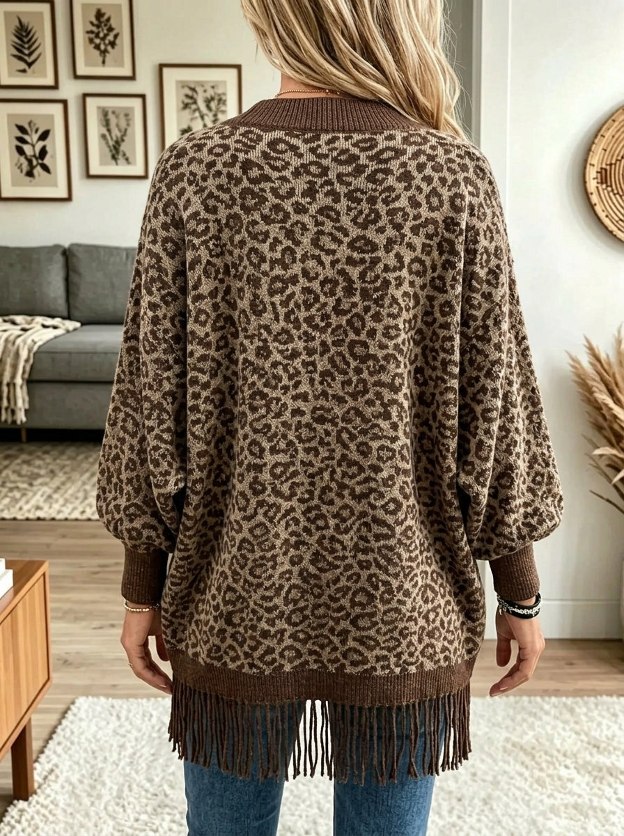 Women's Leopard Faux Fur Collar Fringe Cardigan