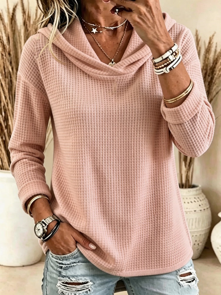 Women's Waffle Knit Cowl Neck Hoodie Top