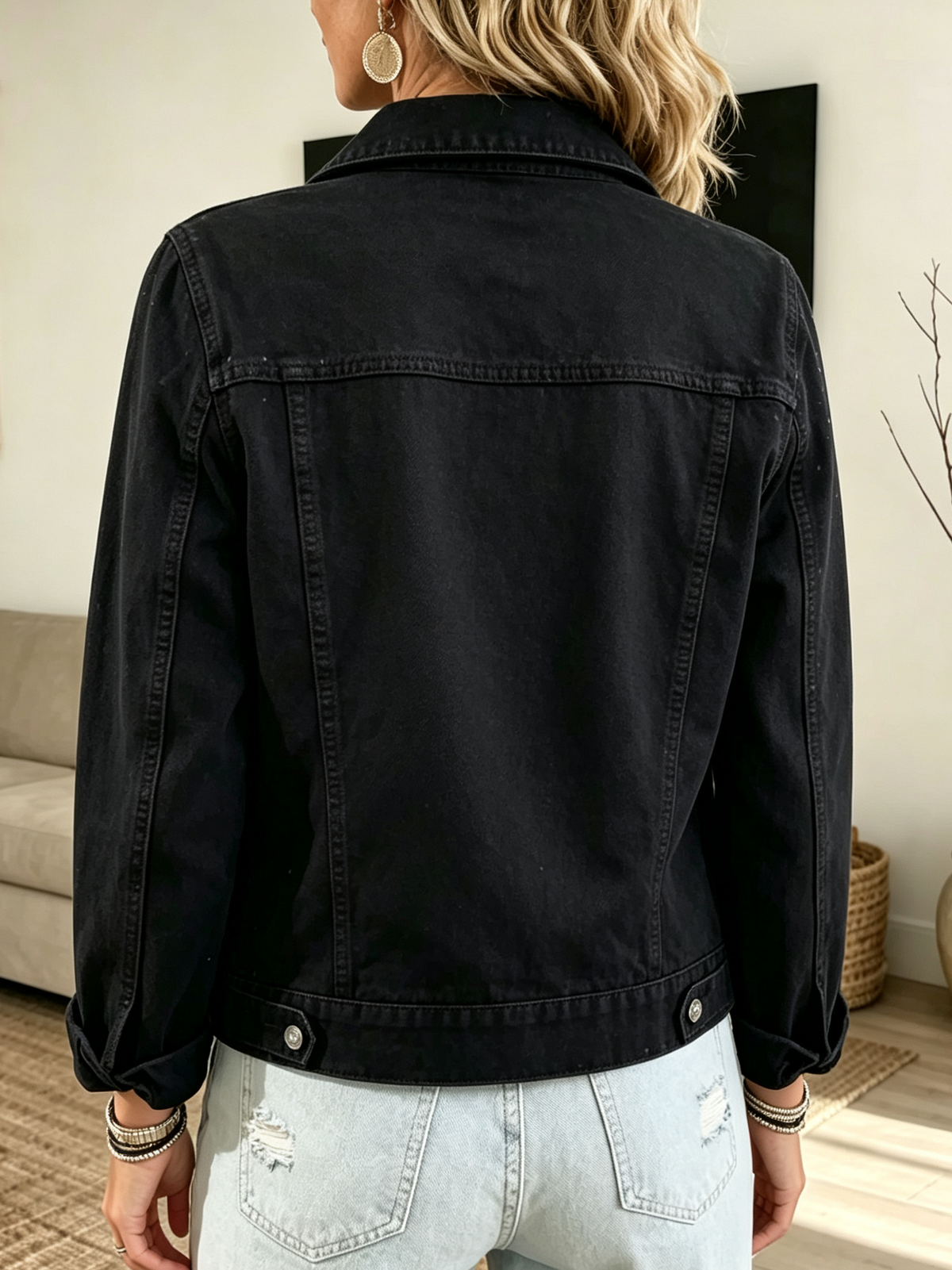 Women's Rhinestone Studded Black Denim Jacket