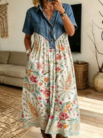 Women Denim Spliced Paisley Floral Shirt Midi Dress With Pockets