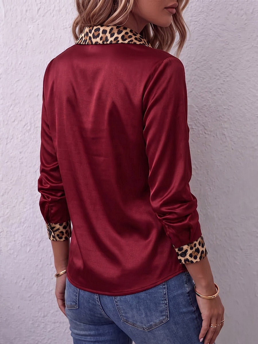 Vintage Elegant Satin Patchwork Leopard Print Shirt