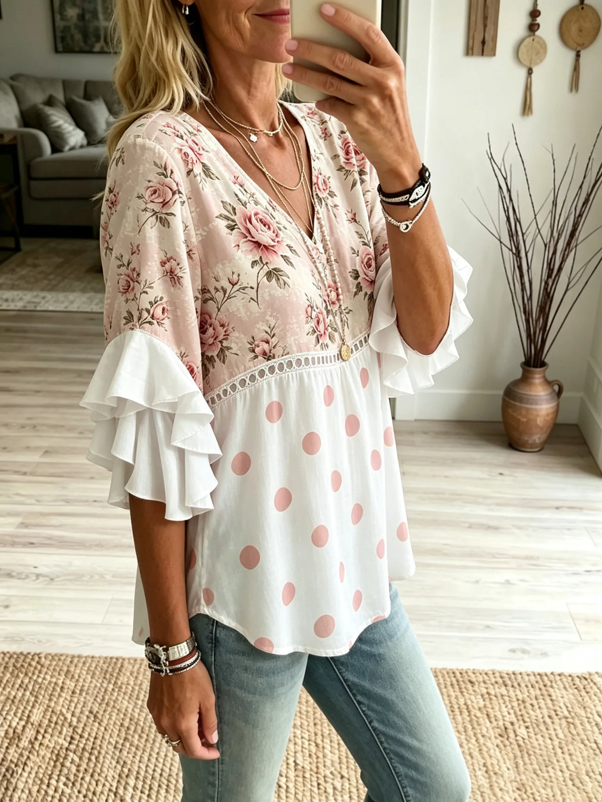 Women’s Pink Rose Polka Dot Patchwork Ruffle Top