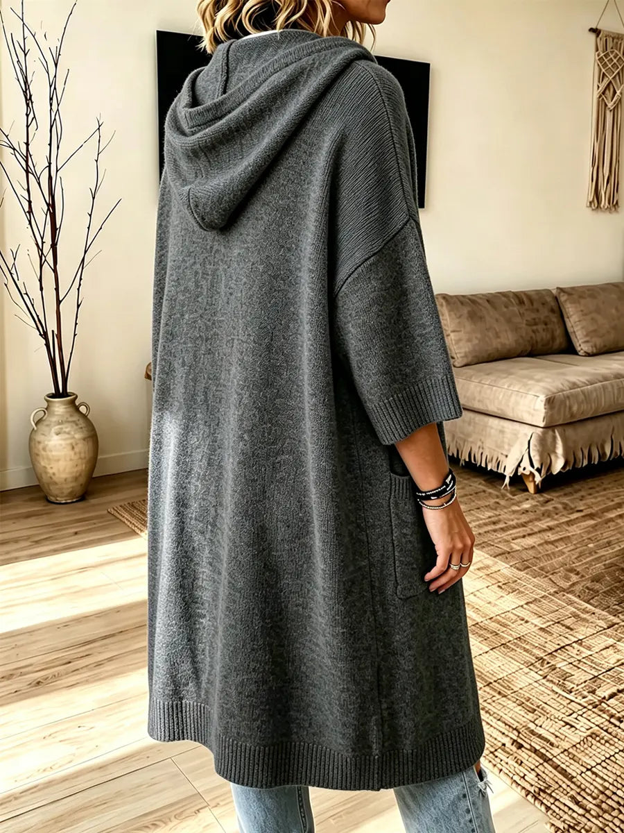 Cozy Hooded Knit Art Casual Pockets Stylish 3/4 Sleeve Cardigan Coat