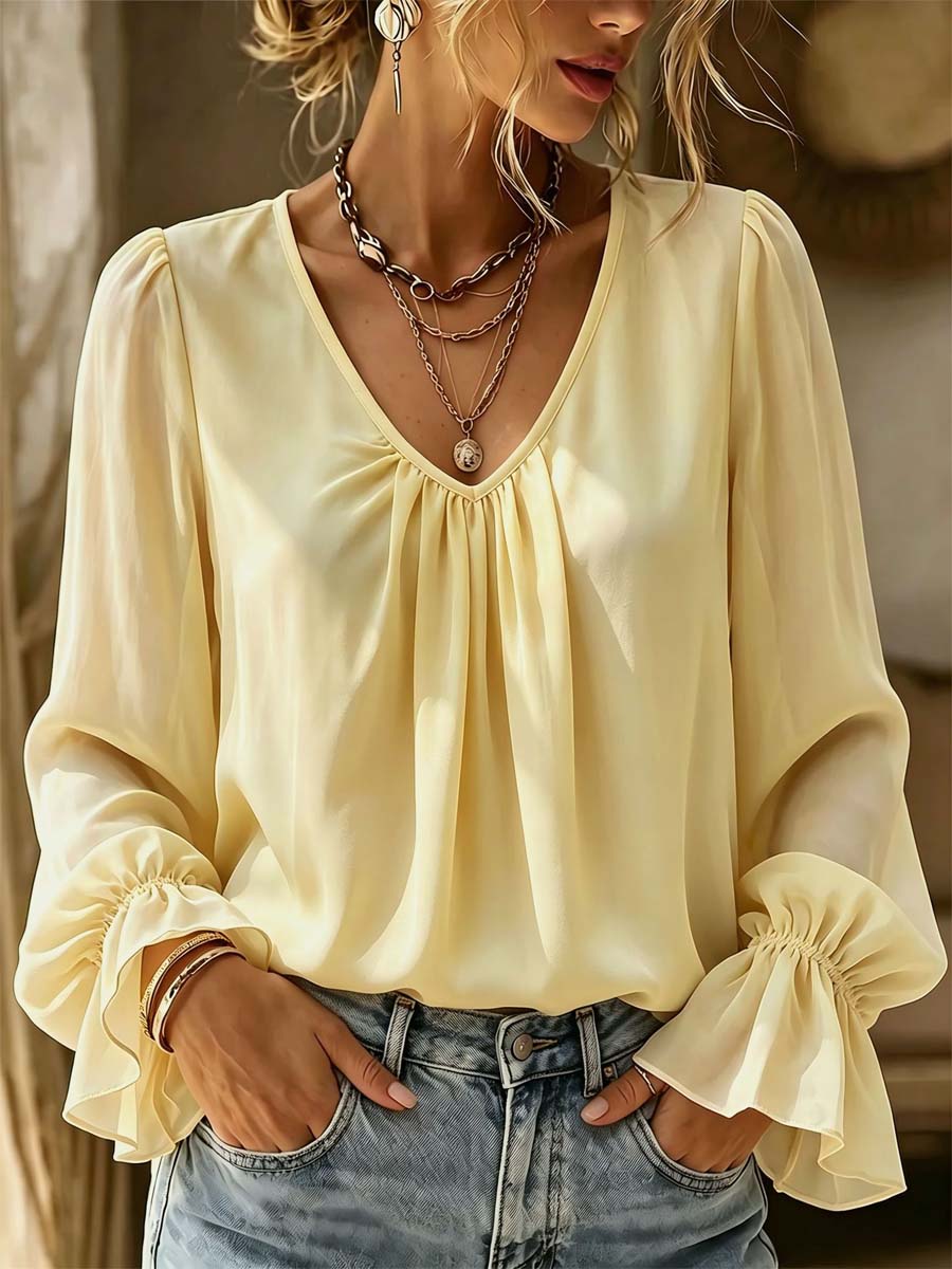 Solid Color Ruffle V Collar Art Stylish Casual Long Sleeve Shirt