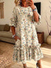 Retro Floral Pattern Art Print Casual Ruffle Stylish Cotton Linen Dress