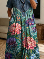 Vintage Floral Pattern Art Print Casual Stylish Lapel Denim Patchwork Dress