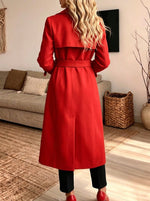 Women Red Leopard Patchwork Long Trench Coat Lapel Double‑Breasted Belted Waist Winter Overcoat With Pockets
