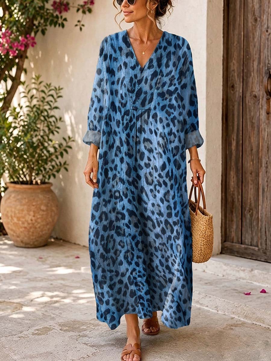 Retro Leopard Pattern Art Print Casual V-neck Long Sleeve Cotton Linen Maxi Dress