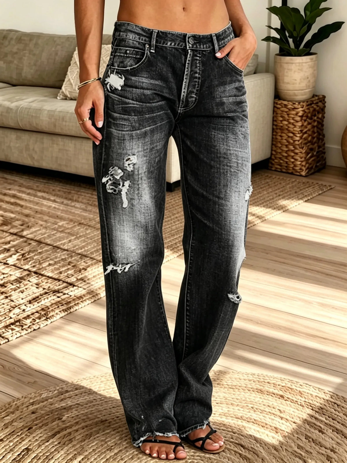 Multi-Color Options Women's Distressed High-Waisted Straight Jeans