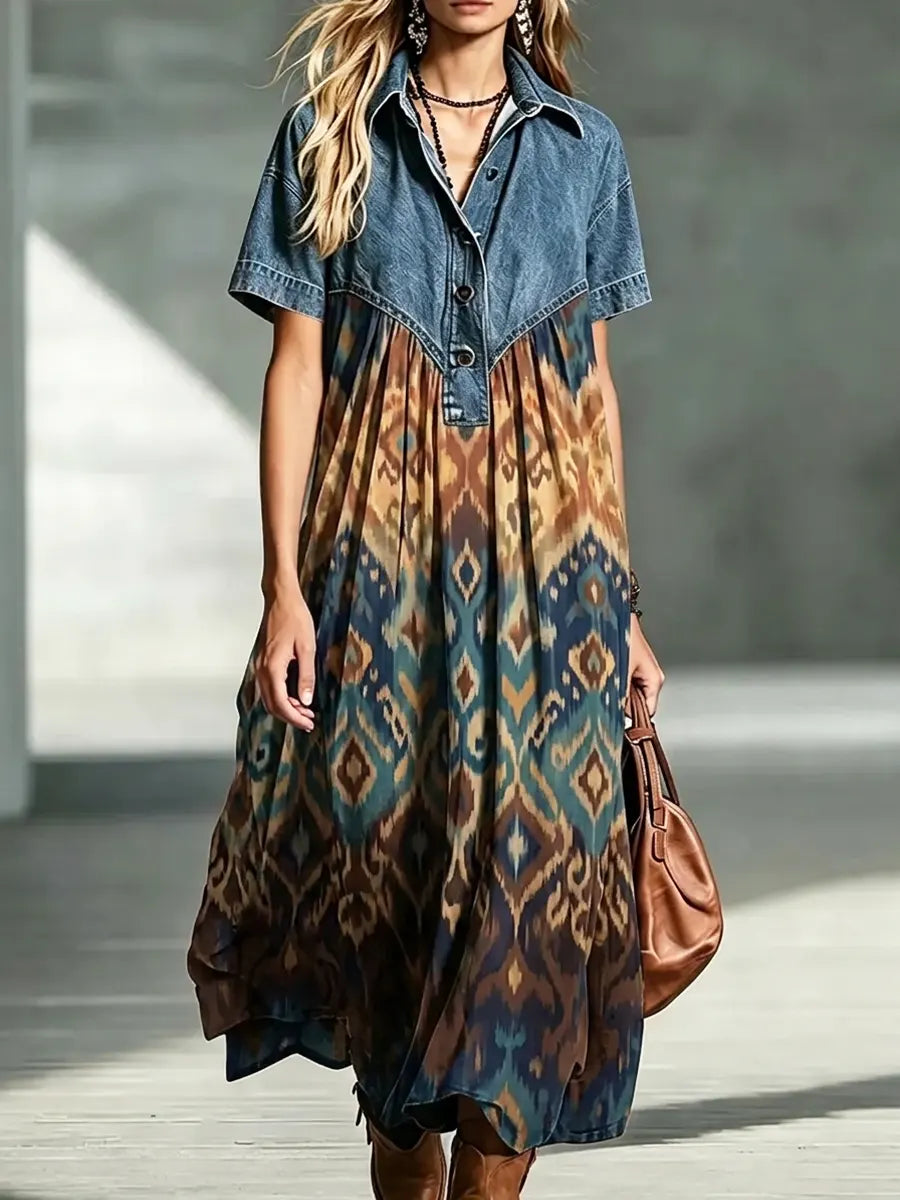 Retro Ethnic Geometric Pattern Art Print Casual Stylish Lapel Denim Patchwork Dress