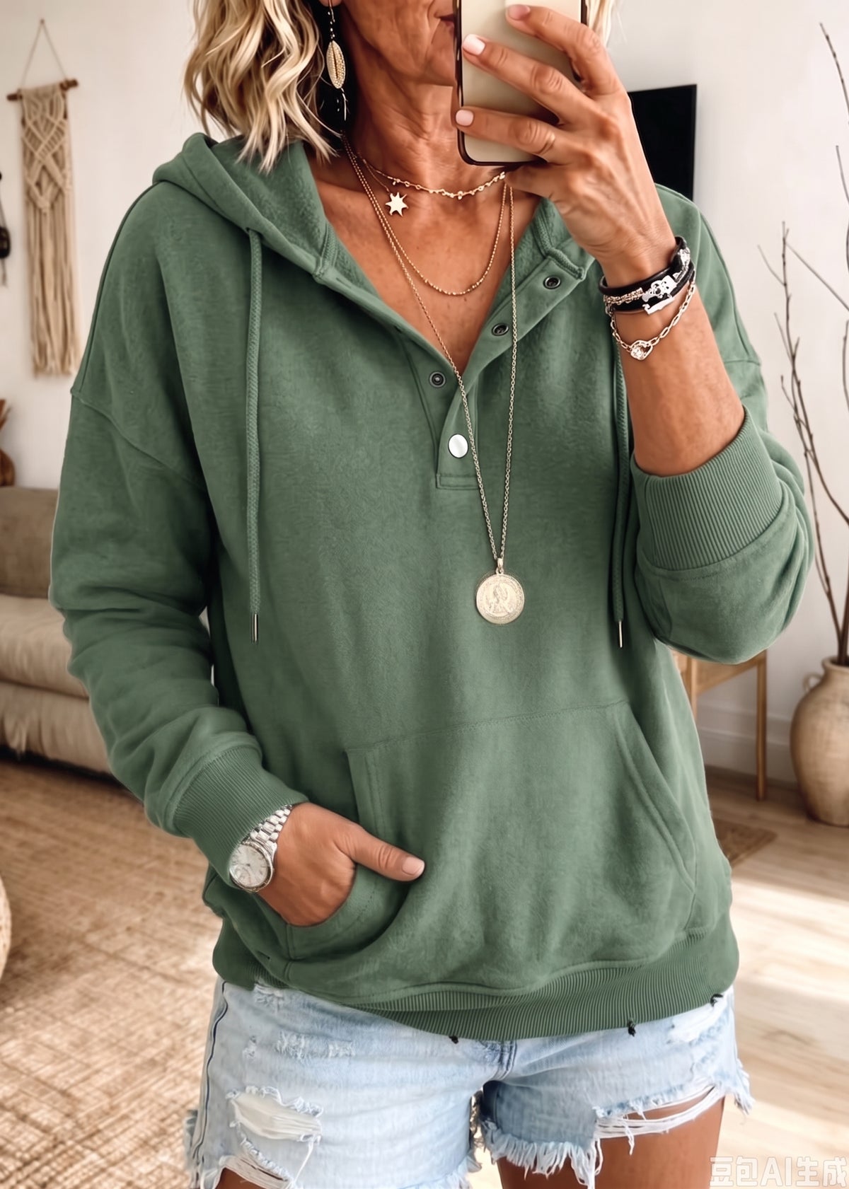 Women Henley Snap Button Hoodie Long Sleeve Pocket Drawstring Loose Sweatshirt