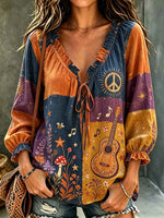 Women's Guitar Peace Patchwork Print Tie-Neck Blouse