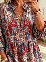 Women's Vintage Ethnic Geometric Floral Print Stand Collar Bubble Sleeve Blouse