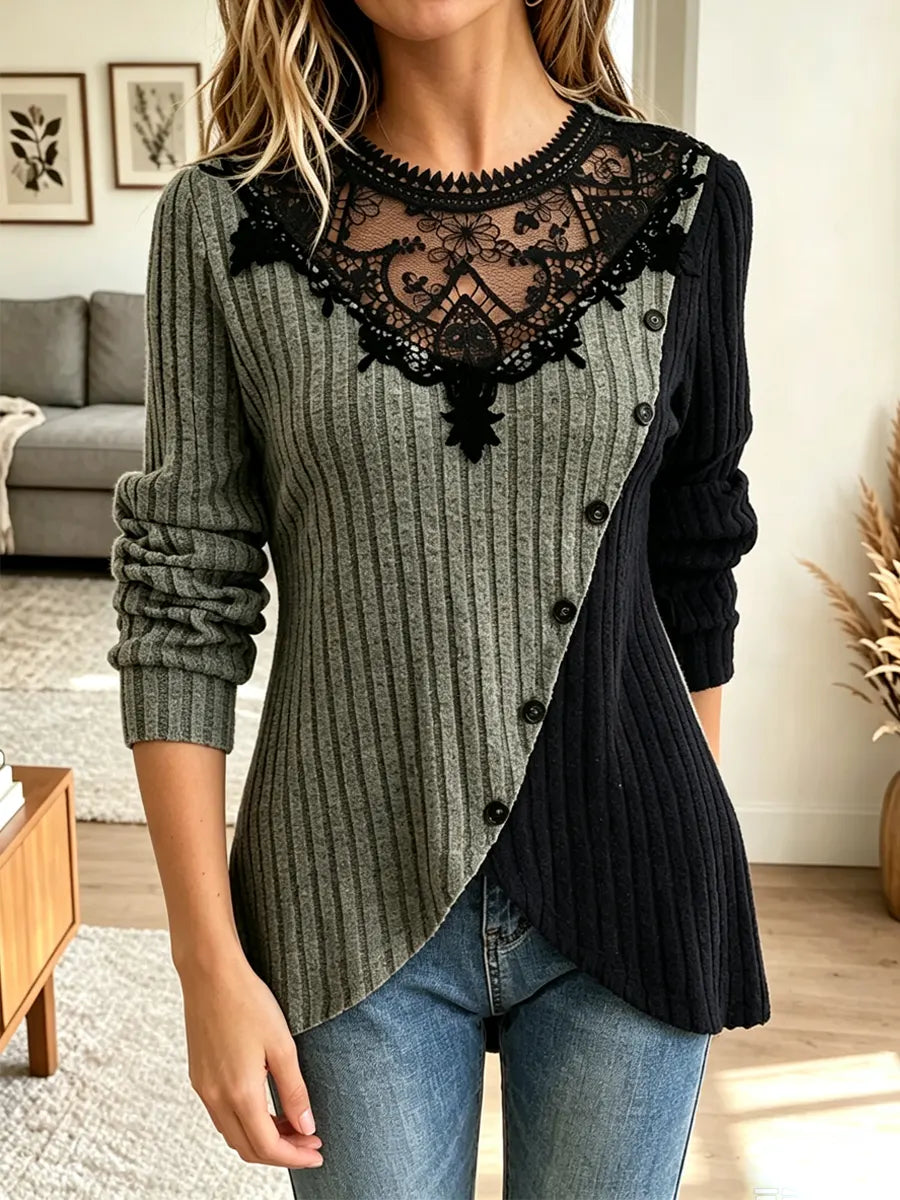Elegant Floral Lace Patchwork Knit Art Casual Stylish Long Sleeve Top