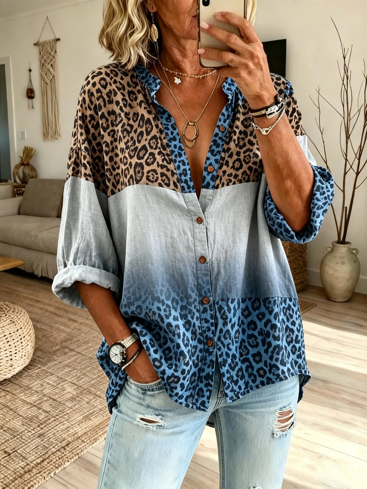 Women's Leopard Gradient Color Block Print Drop Shoulder Shirt