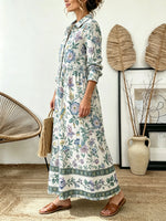 Women's Bird Botanical Border Print Collared Long Sleeve Maxi Dress