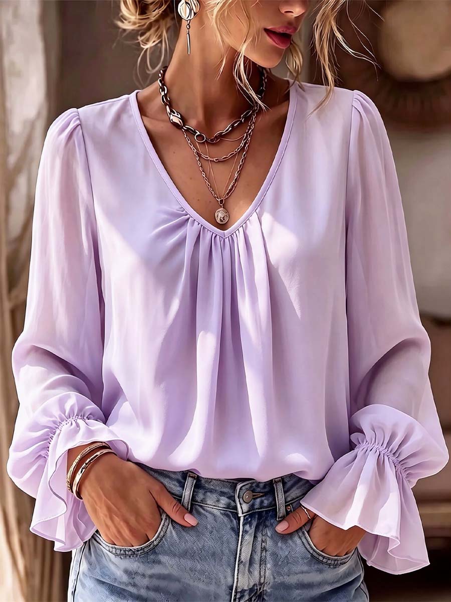 Solid Color Ruffle V Collar Art Stylish Casual Long Sleeve Shirt
