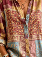 Women's Checkered Floral Patchwork Print Button-Down Shirt