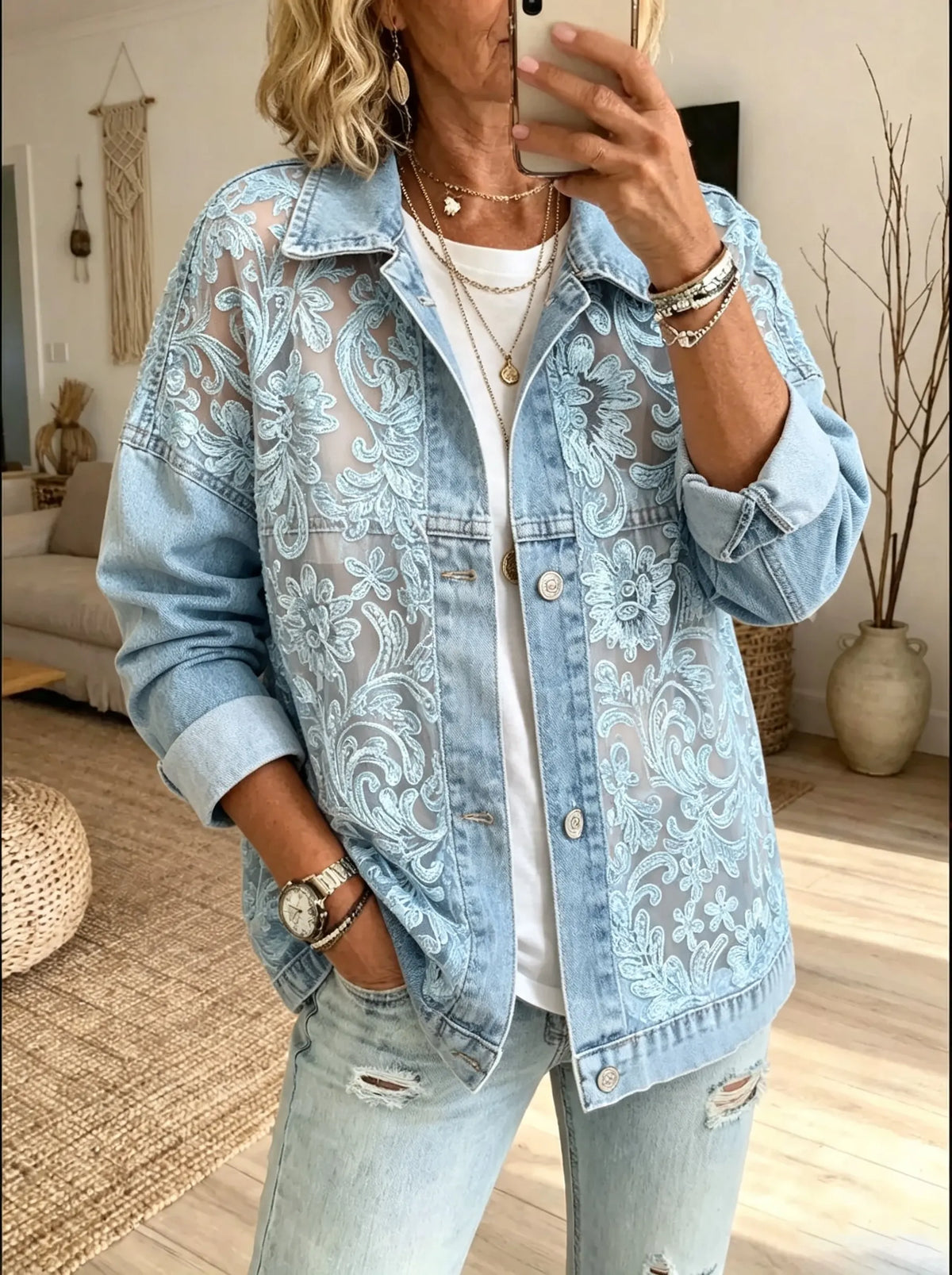 Women's Sheer Floral Lace Denim Jacket