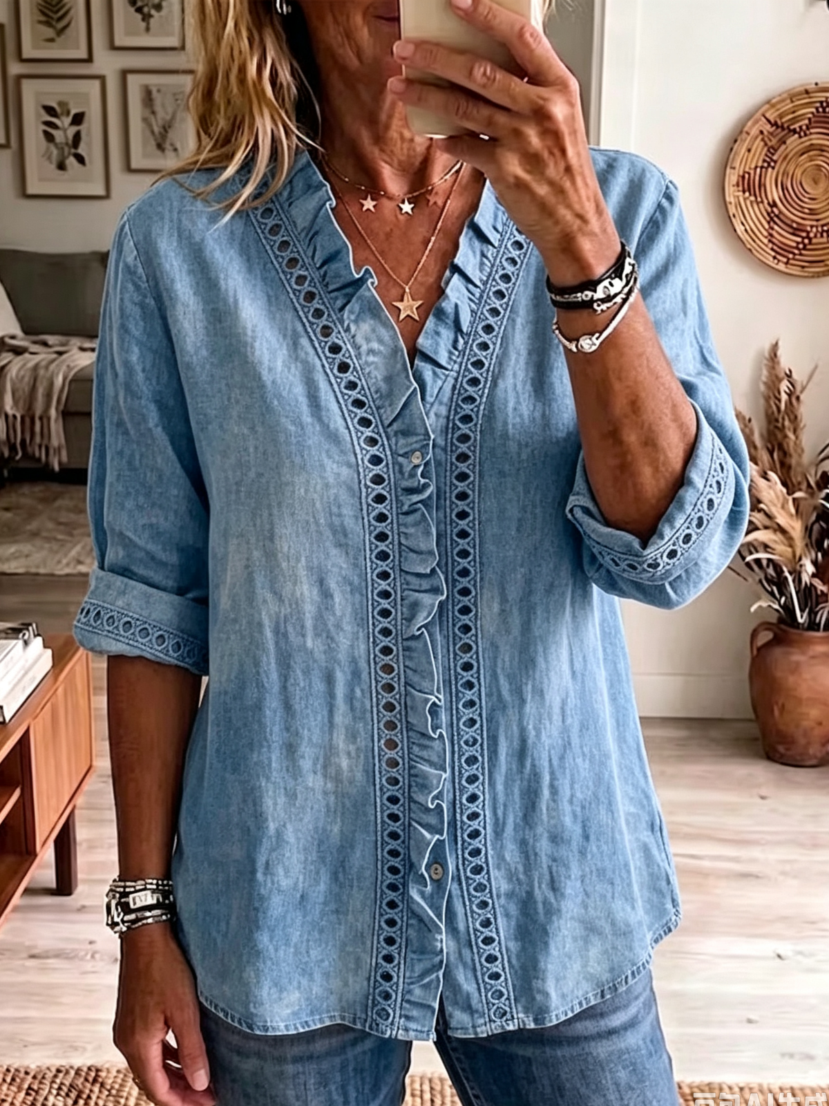 Women's Ruffle Trim Eyelet Denim Shirt