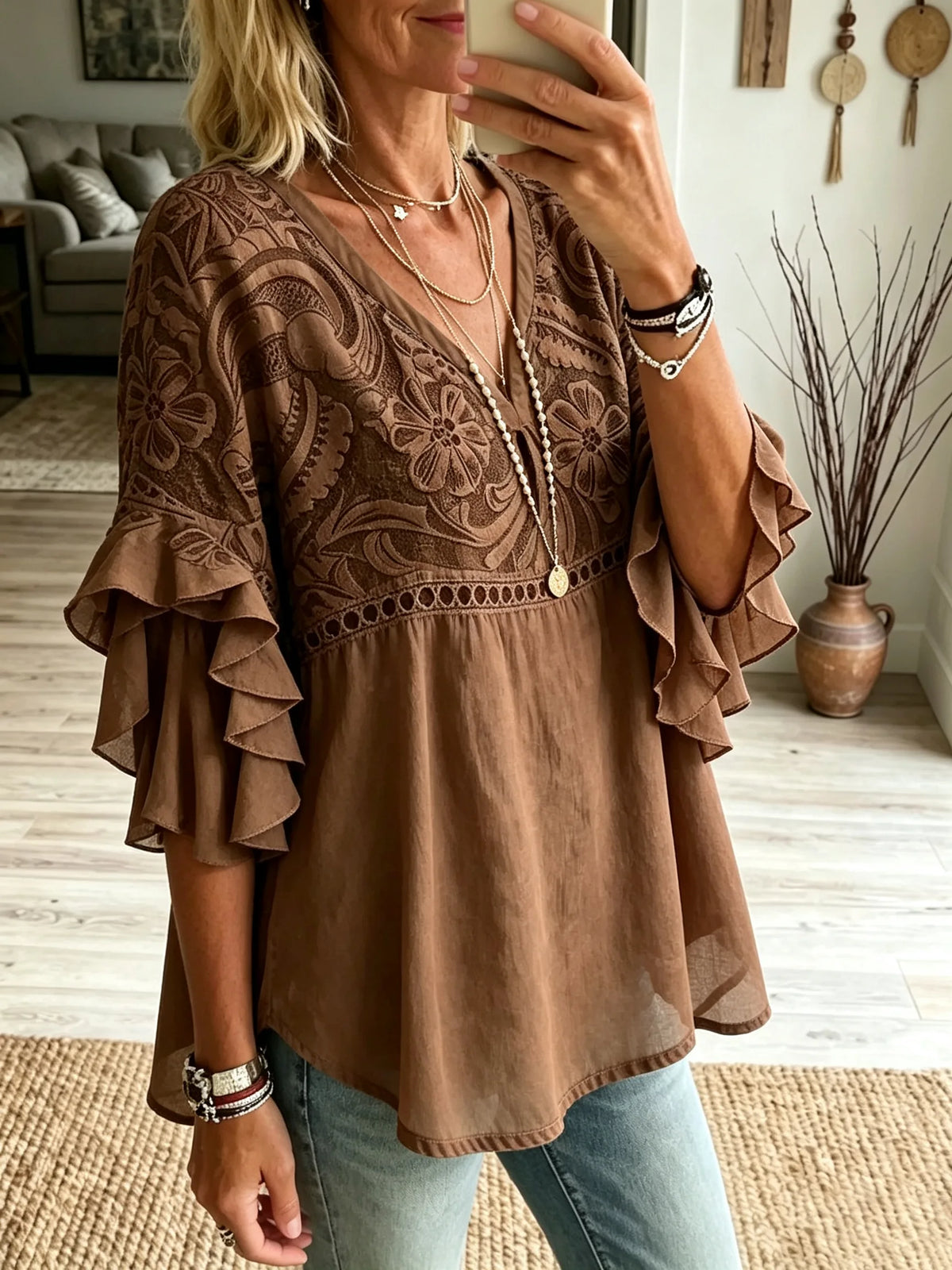 Women’s Brown Floral Embroidered Ruffle Top
