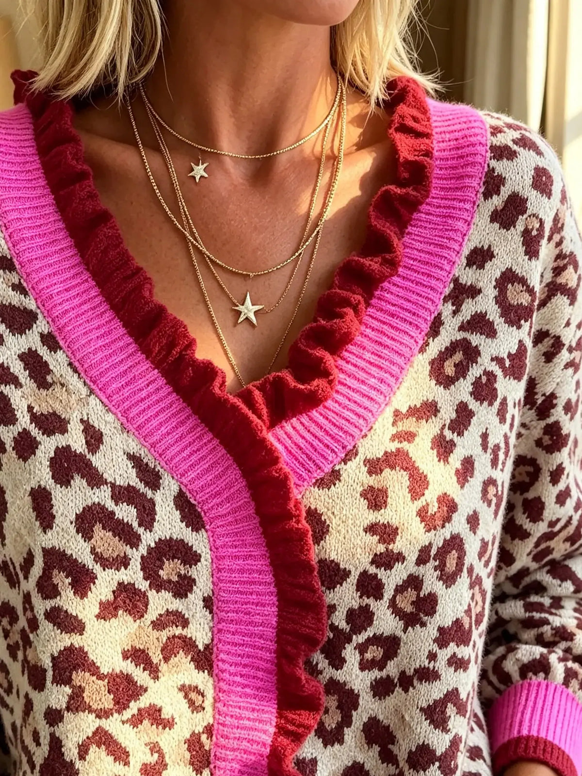 Women's Ruffle Trim Leopard Cardigan