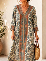 Retro Ethnic Floral Pattern Art Print Casual V-neck Cotton Linen Maxi Dress