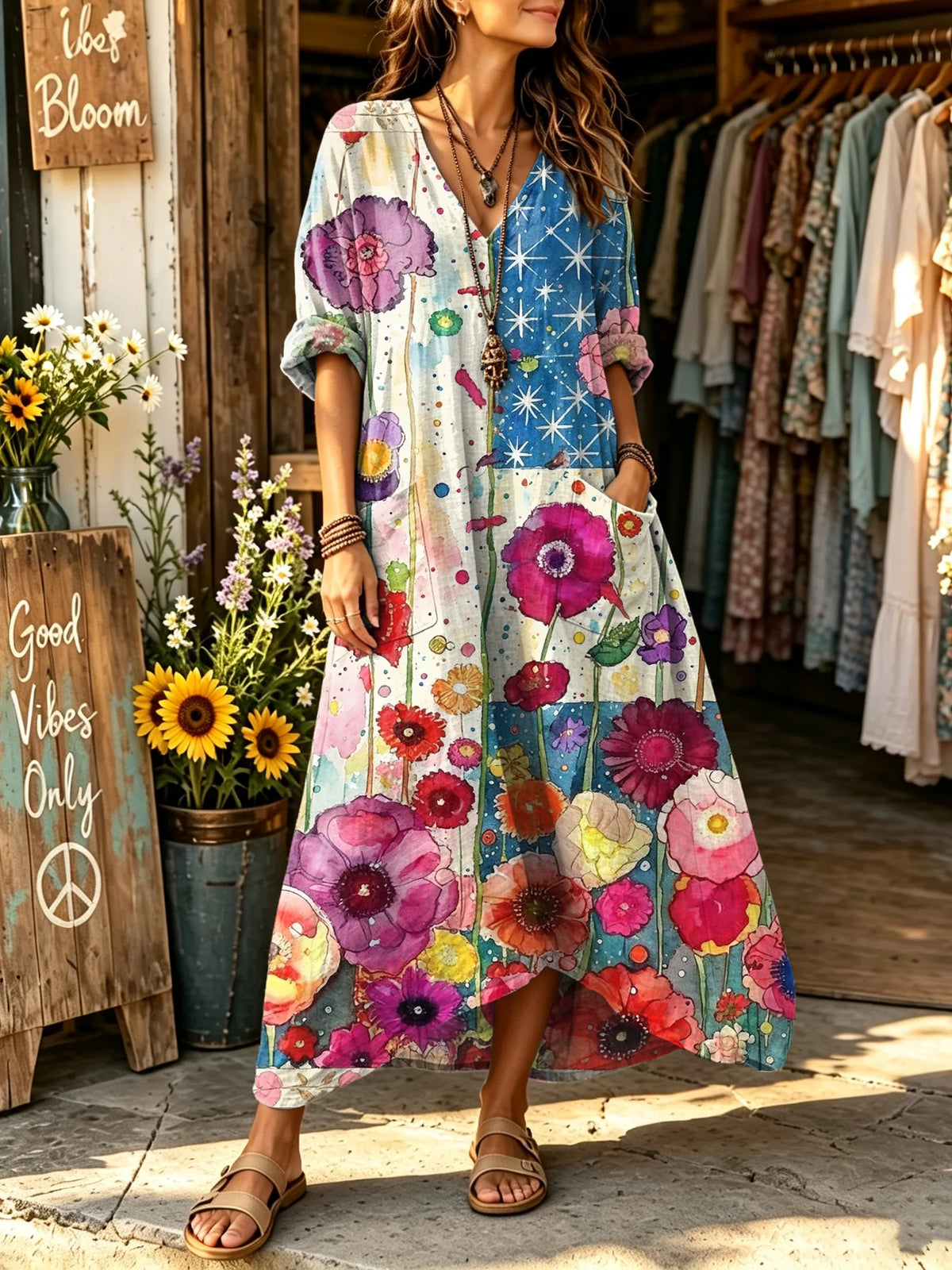 Women's Color Block Watercolor Big Floral Starry Sky Spliced Print V-neck Maxi Dress