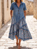 Women's Denim Leopard Patchwork Asymmetrical Tiered Maxi Dress With Pockets