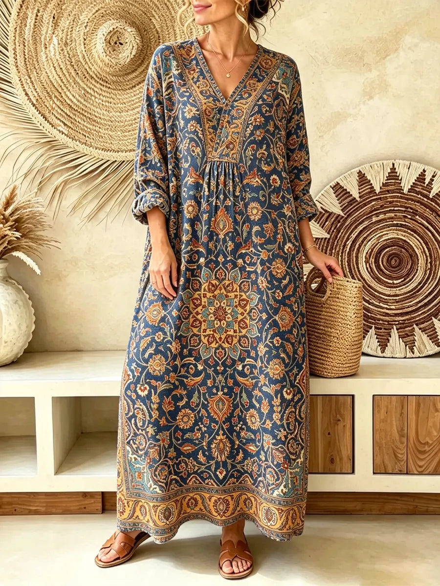 Retro Ethnic Floral Pattern Art Print Casual V-neck Cotton Linen Maxi Dress