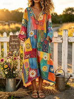 Women's Daisy Rose Peace Sign Patchwork Print V-Neck Midi Dress