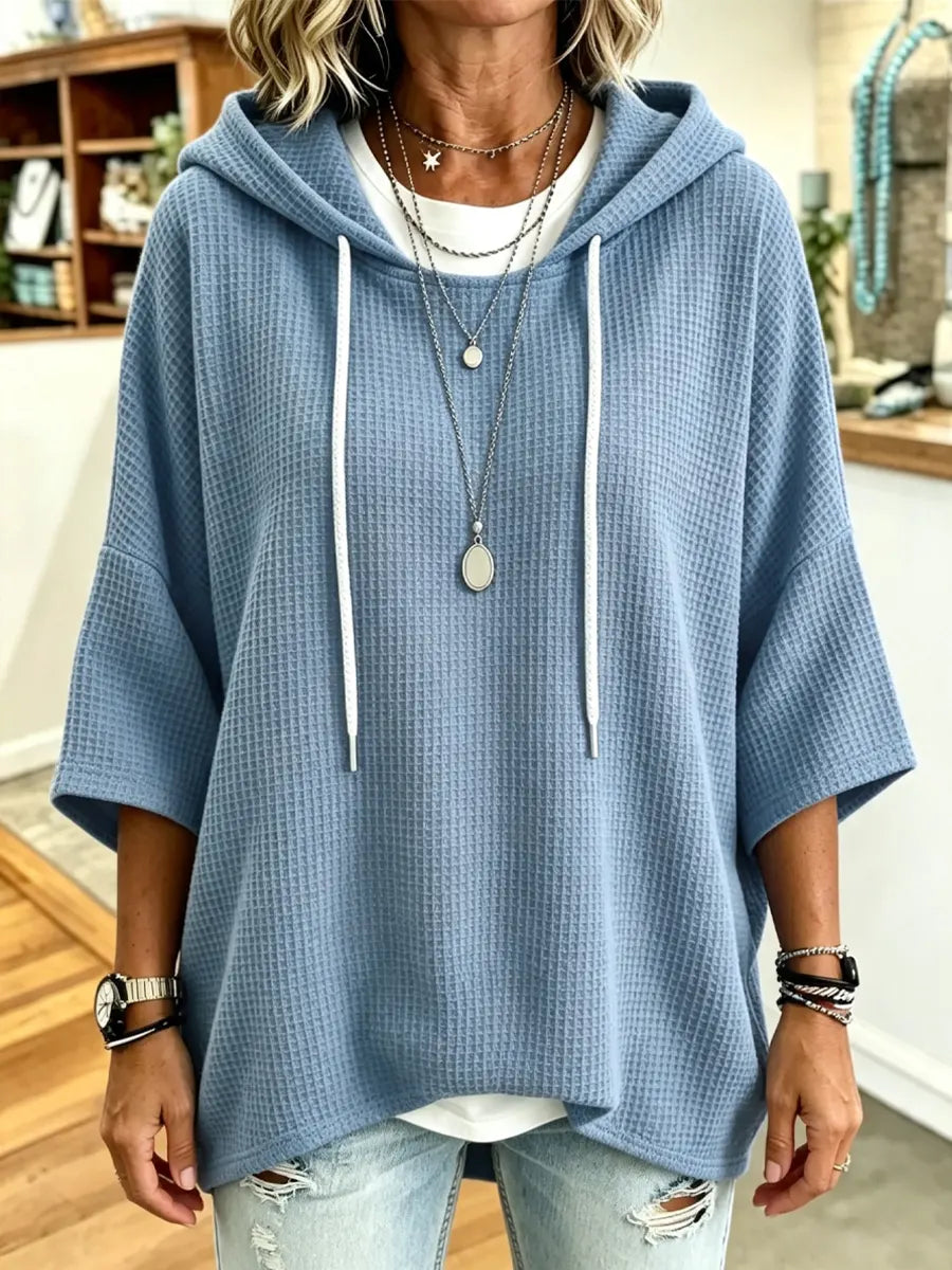 Retro Cozy Comfortable Stylish Art Hooded Waffle 3/4 Sleeve Casual Top