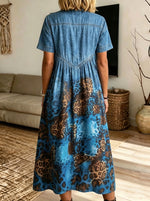 Women Denim Leopard Print Midi Dress Collared Short Sleeve Partial Button Loose Dress With Pockets