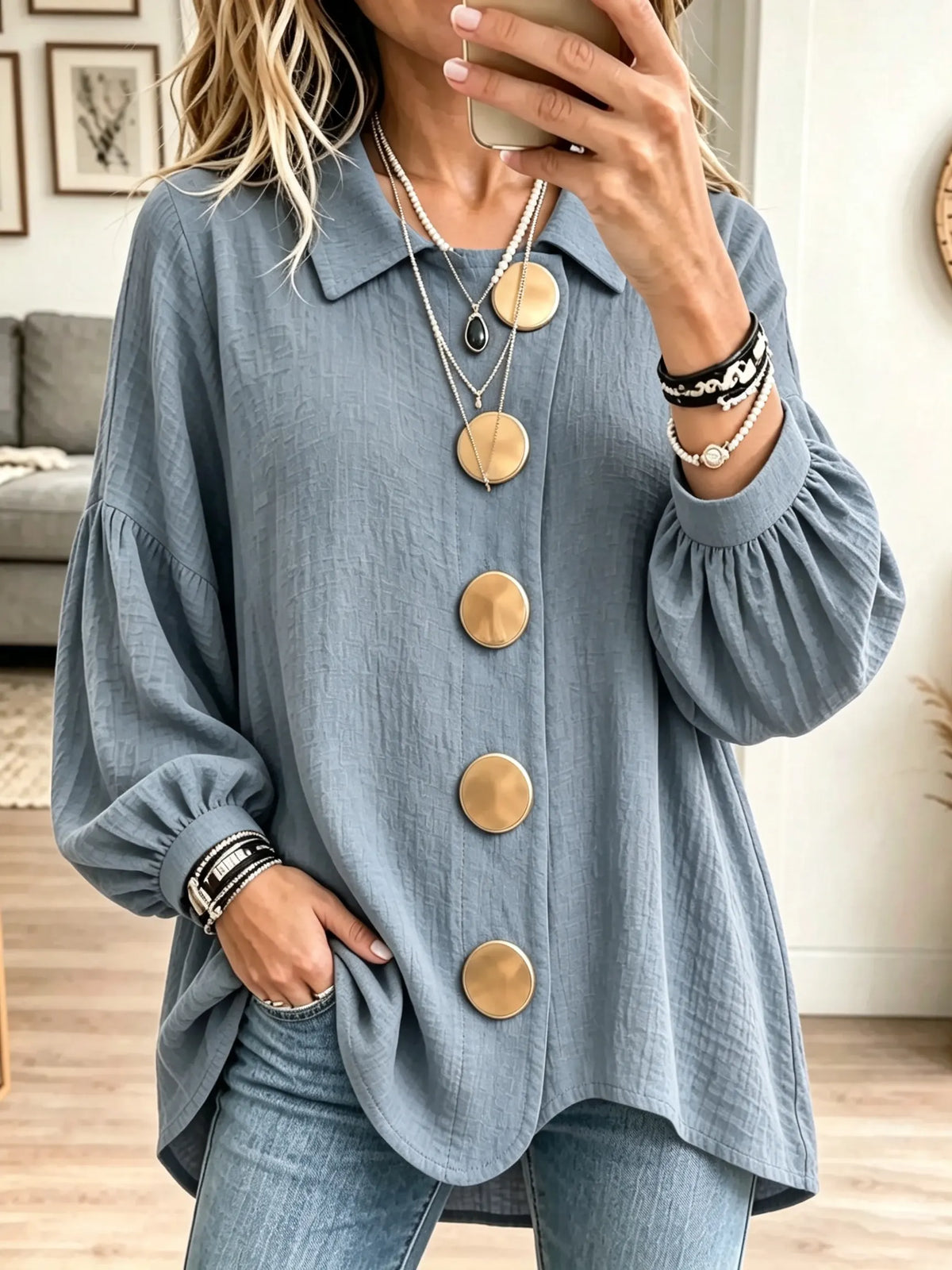 Women's Button Crinkle Tunic Blouse