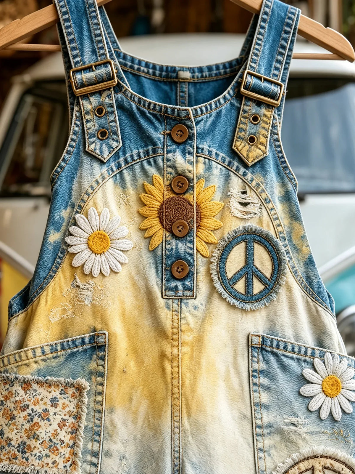 Women's Gradient Tie-dye Sunflower Peace Sign Floral Patch Distressed Denim Overalls