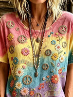 Women's Gradient Tie-Dye Daisy Music Note Peace Sign Embroidery Crew Neck Tee