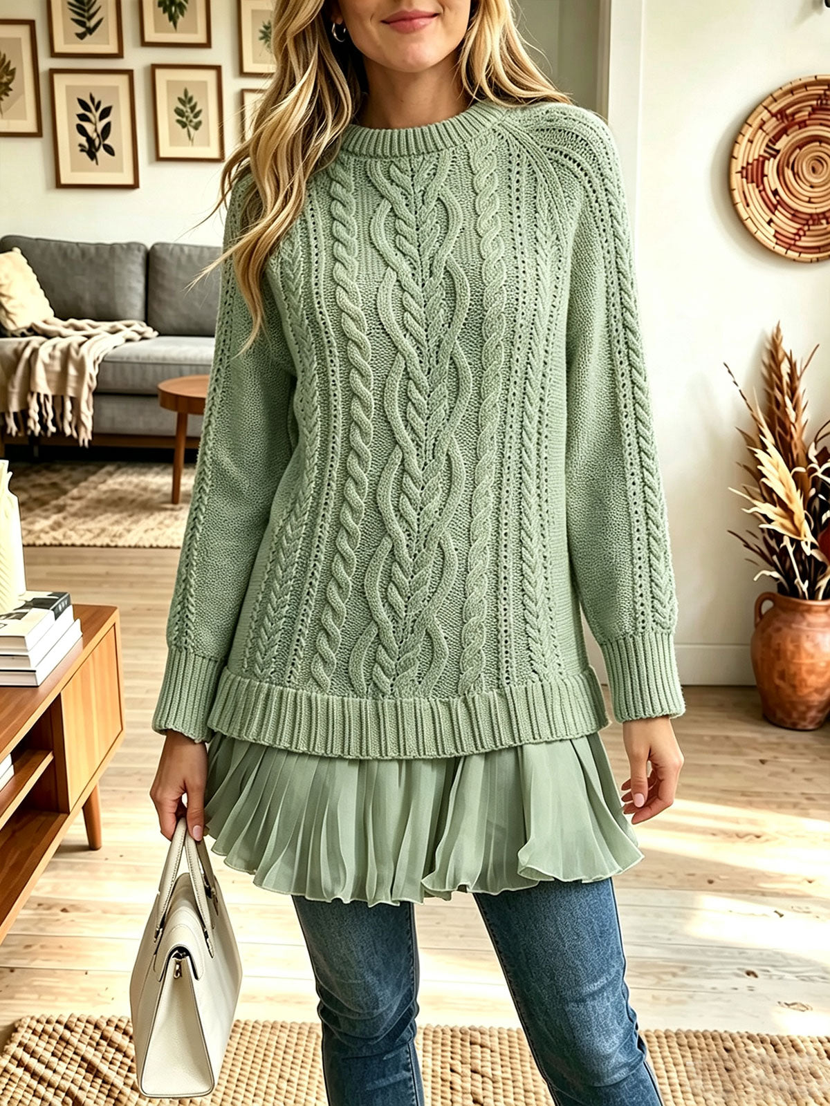 Women Cable‑Knit Mock Neck Chiffon Ruffle Hem Layered Sweater Tunic