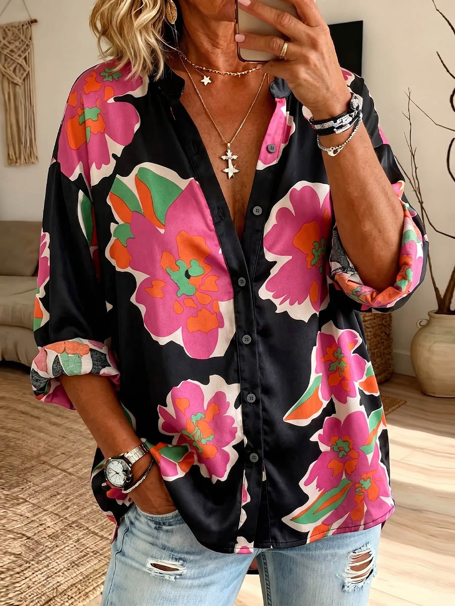 Vintage Elegant Button Long Sleeve Patterned Shirt