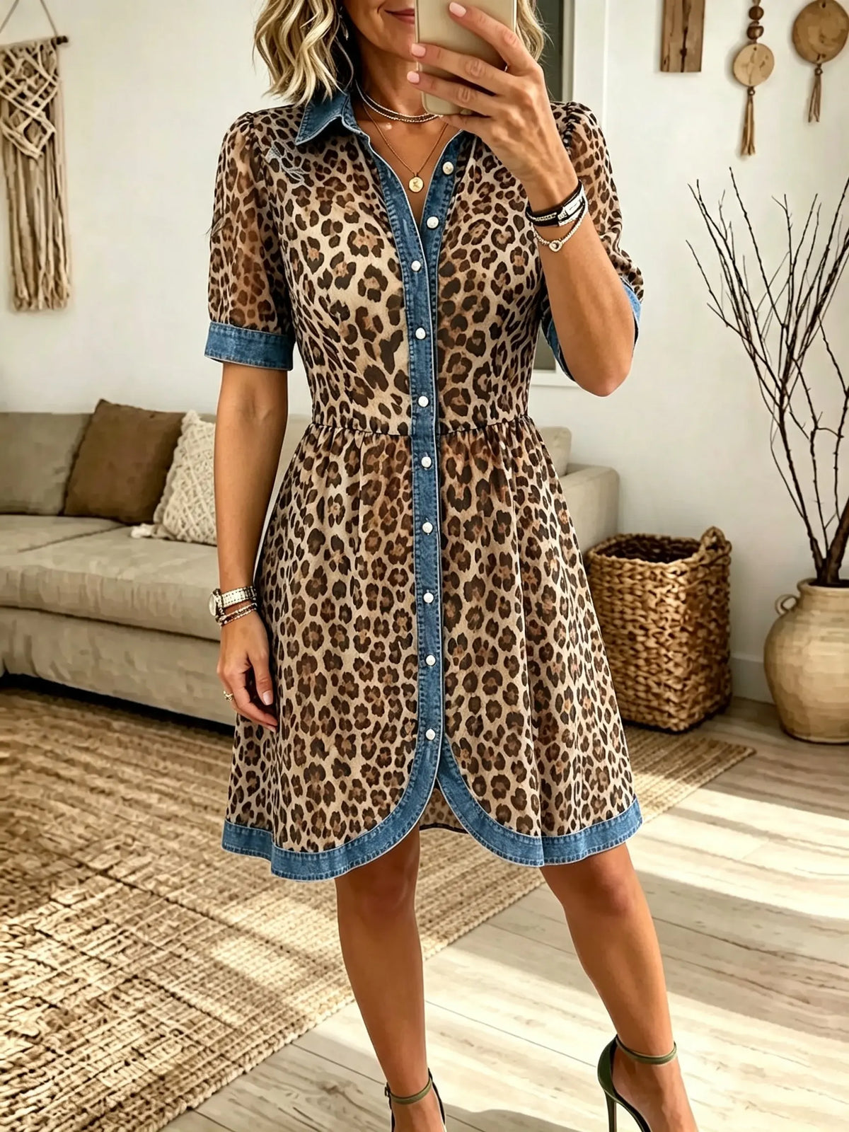 Women's Denim Trim Leopard Shirt Dress