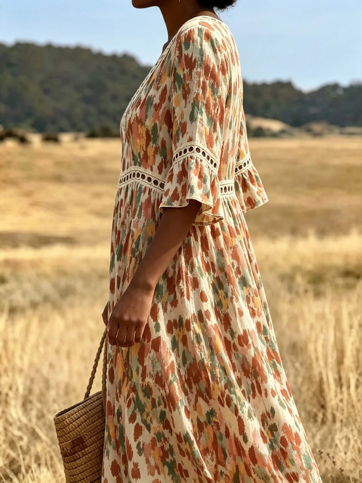Women's Eyelet Cutout Abstract Midi Dress