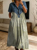 Women’s Denim Spliced White Line Floral Print Shirt Midi Dress With Pockets