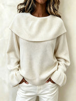 Women Off‑The‑Shoulder Big Fold‑Over Collar Ribbed Knit Sweater
