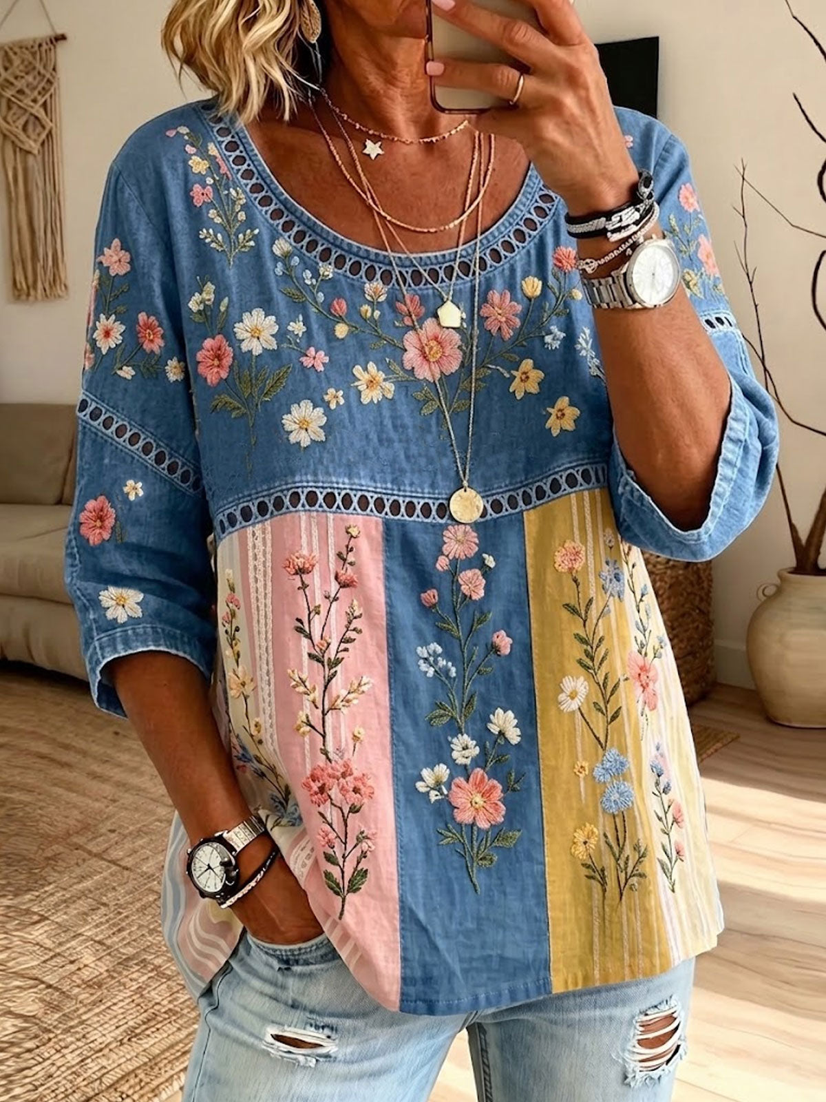 Women's Hollow Lace Spliced Color Block Floral Print 3/4 Sleeve Denim Blouse