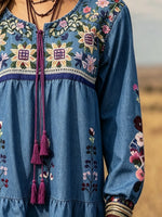 Women Ethnic Floral Print Drawstring Long Sleeve Maxi Dress